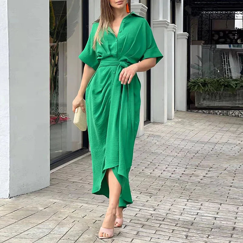 Vrouwen Chic Stijl Buttoned Down Riem Midi Zomerjurk - Emma
