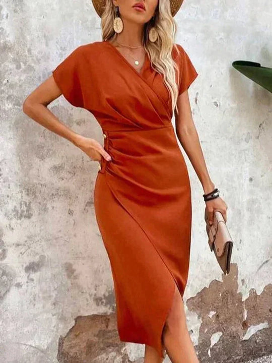 Vrouwen Elegante V Hals Luxe Satijn Korte Mouwen Midi Zomerjurk - EvaMaria