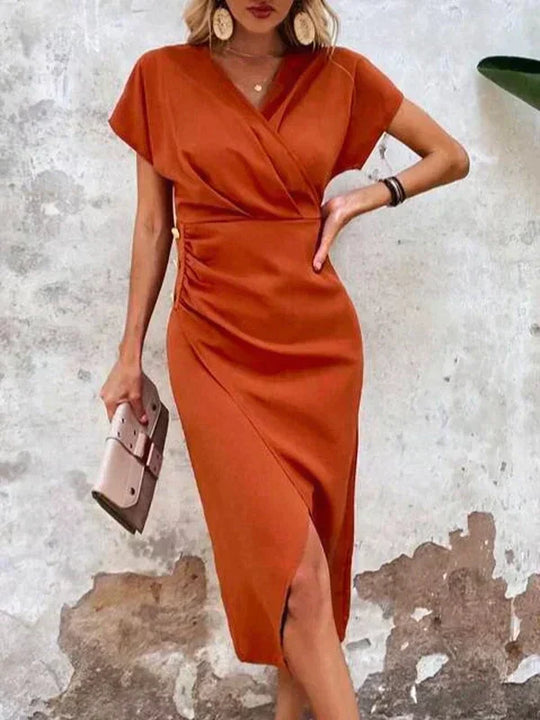Vrouwen Elegante V Hals Luxe Satijn Korte Mouwen Midi Zomerjurk - EvaMaria