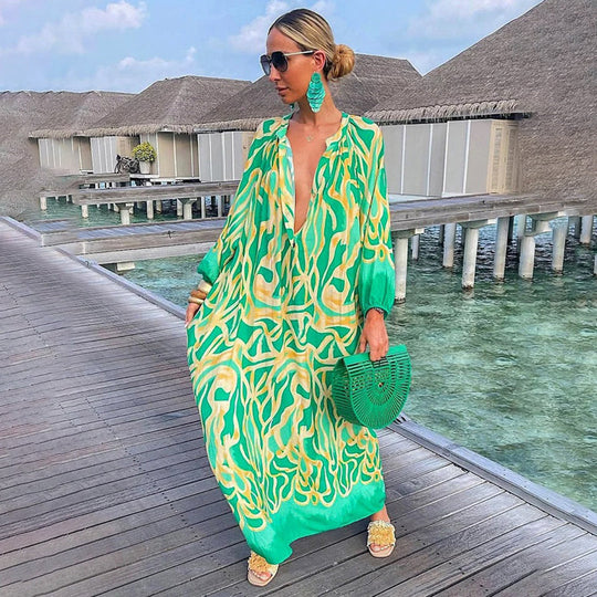 Vrouwen Lichtgewicht Boho Design Maxi Zomerjurk met lange mouwen - Aliyah