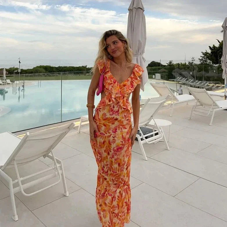 Vrouwen Mouwloos met Ruches en V hals Chique Boho Stijl Maxi Zomerjurk - Aya