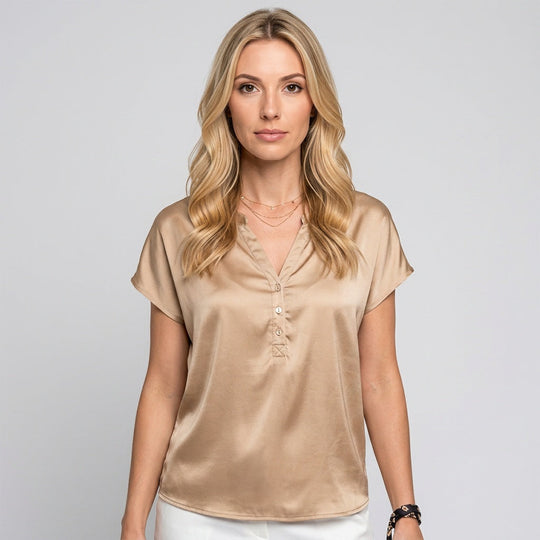 Zijde Look Top met V Hals en Korte Mouwen 0