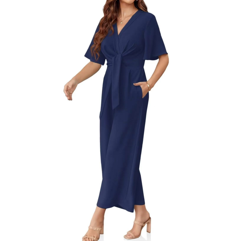 Sylenna - Dames jumpsuit met V-hals en brede benen met riem 2