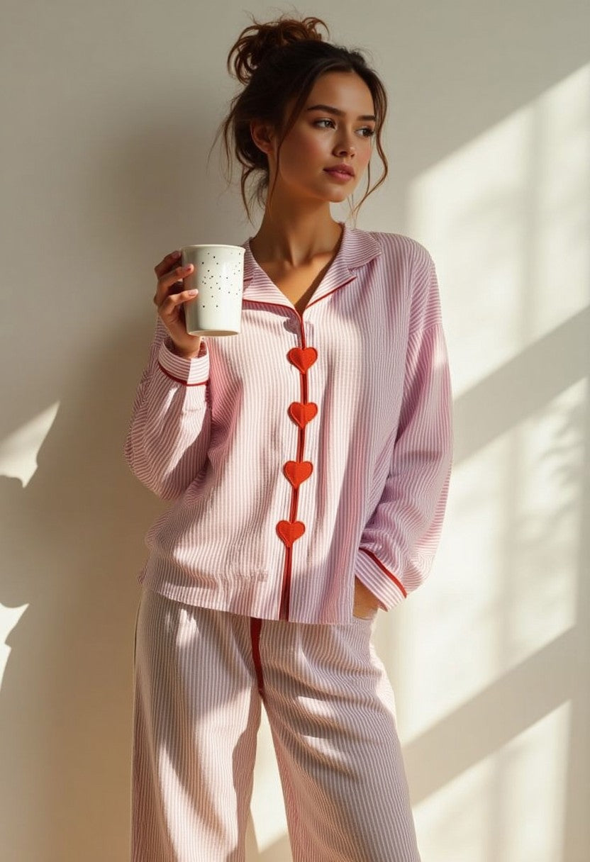Zomer Pyjama Dames | Tweedelig met Hartjes & Speelse Afwerking
