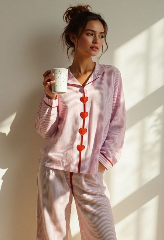 Zomer Pyjama Dames | Tweedelig met Hartjes & Speelse Afwerking