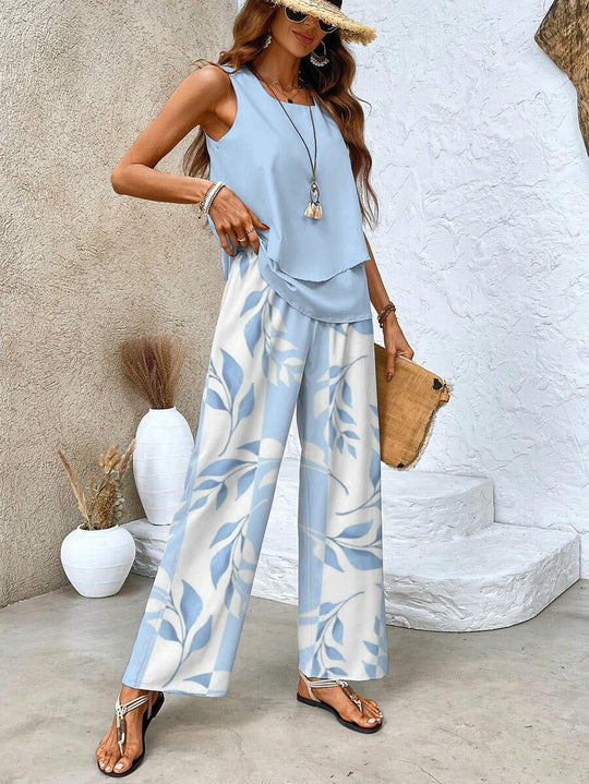 Zomer Set Dames | Gelaagde Top & Wijde Broek met Bladprint
