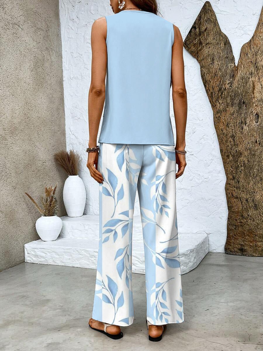 Zomer Set Dames | Gelaagde Top & Wijde Broek met Bladprint