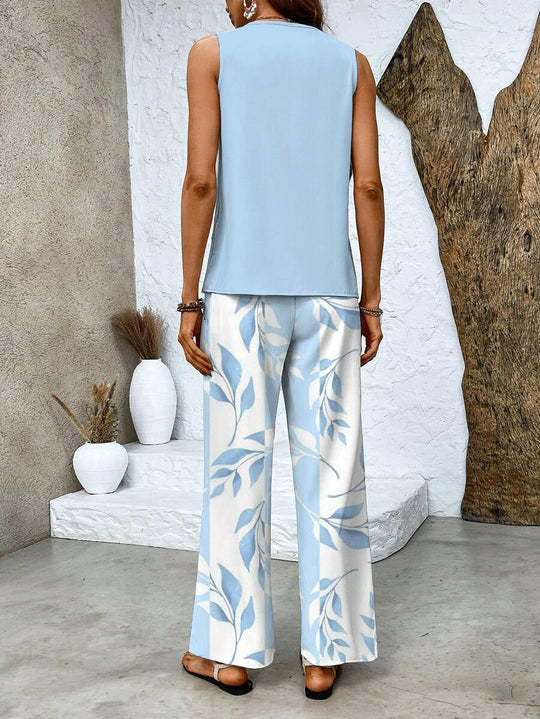 Zomer Set Dames | Gelaagde Top & Wijde Broek met Bladprint