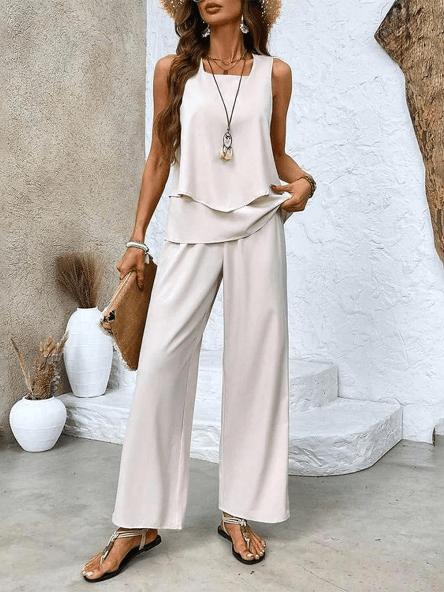 Zomer Set Dames | Gelaagde Top & Wijde Broek met Bladprint