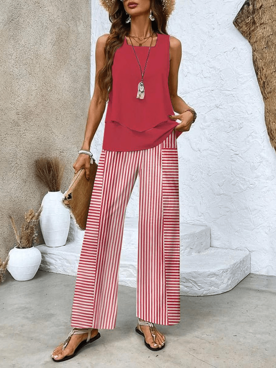 Zomer Set Dames | Gelaagde Top & Wijde Broek met Bladprint