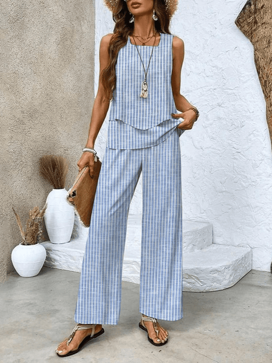 Zomer Set Dames | Gelaagde Top & Wijde Broek met Bladprint
