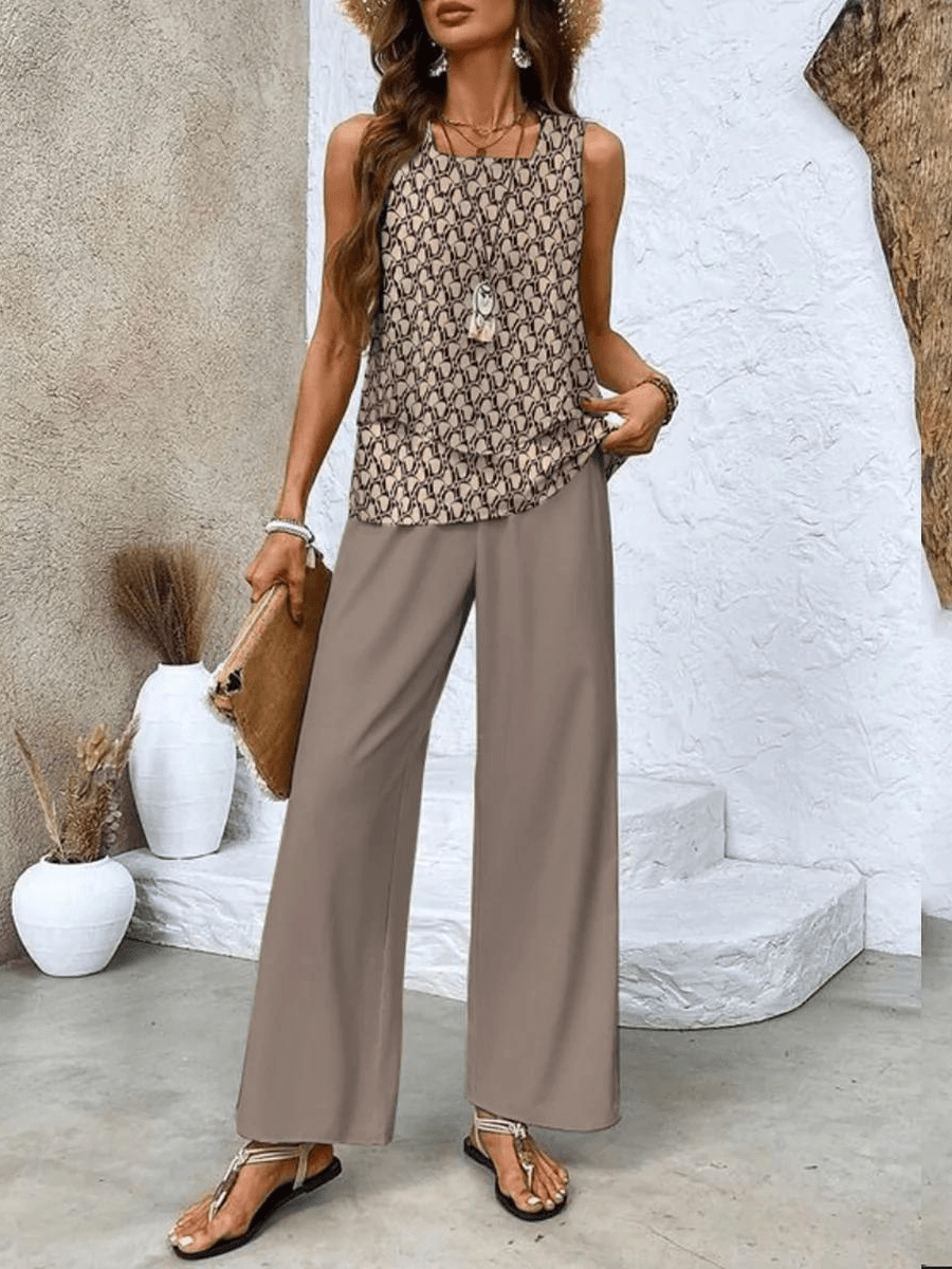 Zomer Set Dames | Gelaagde Top & Wijde Broek met Bladprint