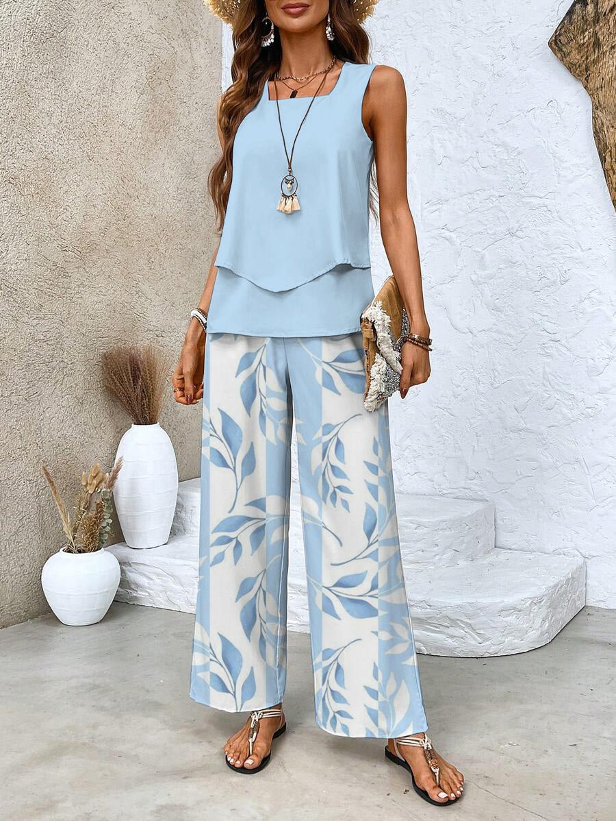 Zomer Set Dames | Gelaagde Top & Wijde Broek met Bladprint