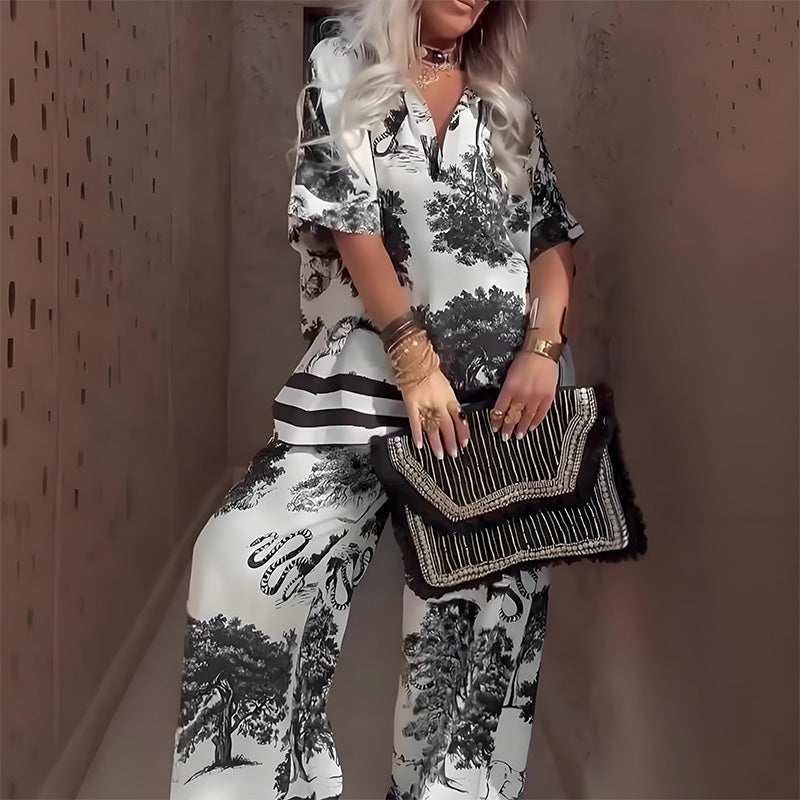 Zomer Set Dames | V-hals Top & Wijdbeense Broek met Print
