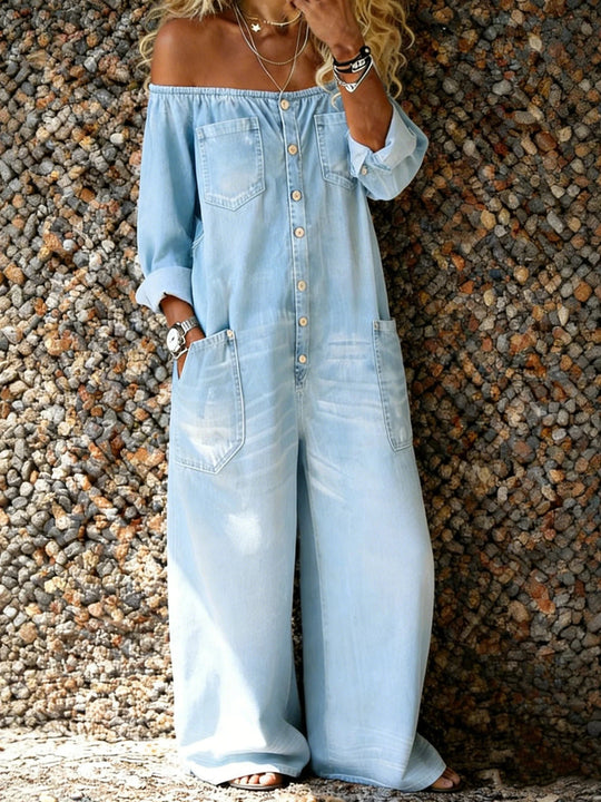 Zomer jumpsuit Dames | Denim Off-Shoulder & Relaxte Pasvorm