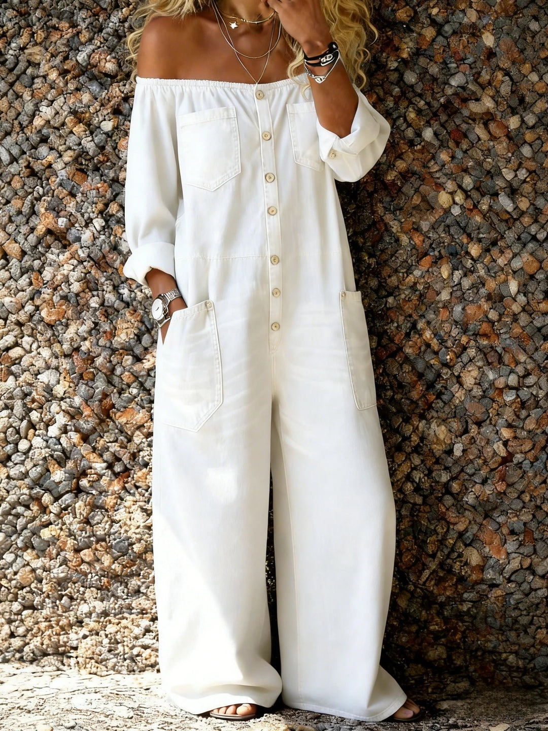 Zomer jumpsuit Dames | Denim Off-Shoulder & Relaxte Pasvorm