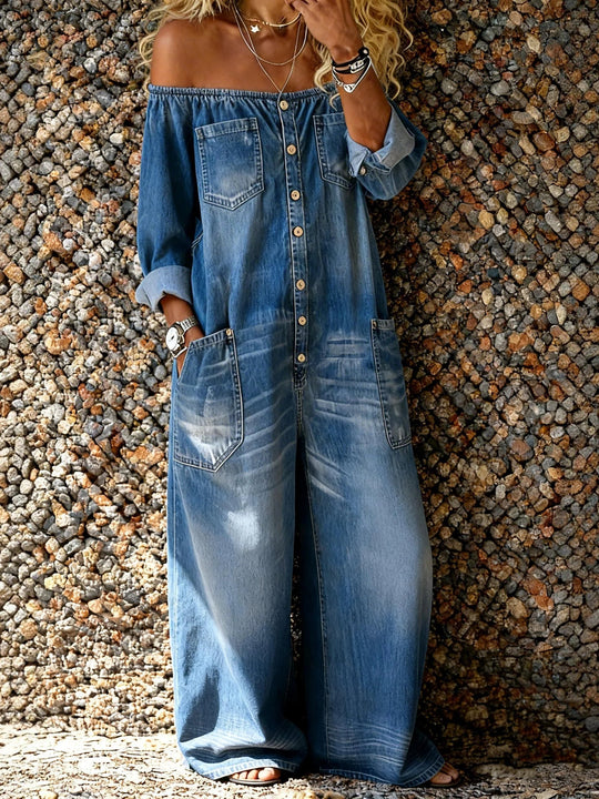 Zomer jumpsuit Dames | Denim Off-Shoulder & Relaxte Pasvorm