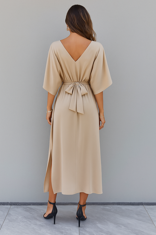 Zomer Maxi Jurk voor Dames met V-hals Losse Pasvorm Strikceintuur en Split 2