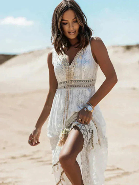 Zomerjurk Dames | Boho Kant & Diepe V-hals met Zijsplit