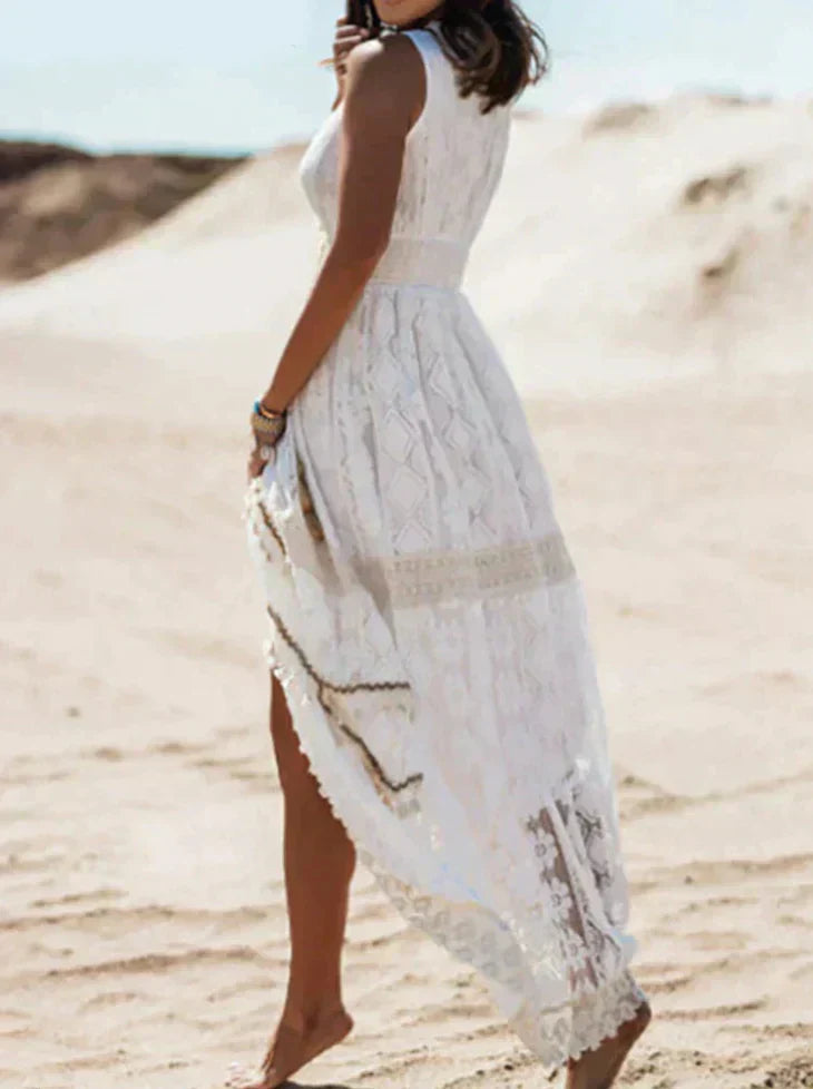 Zomerjurk Dames | Boho Kant & Diepe V-hals met Zijsplit