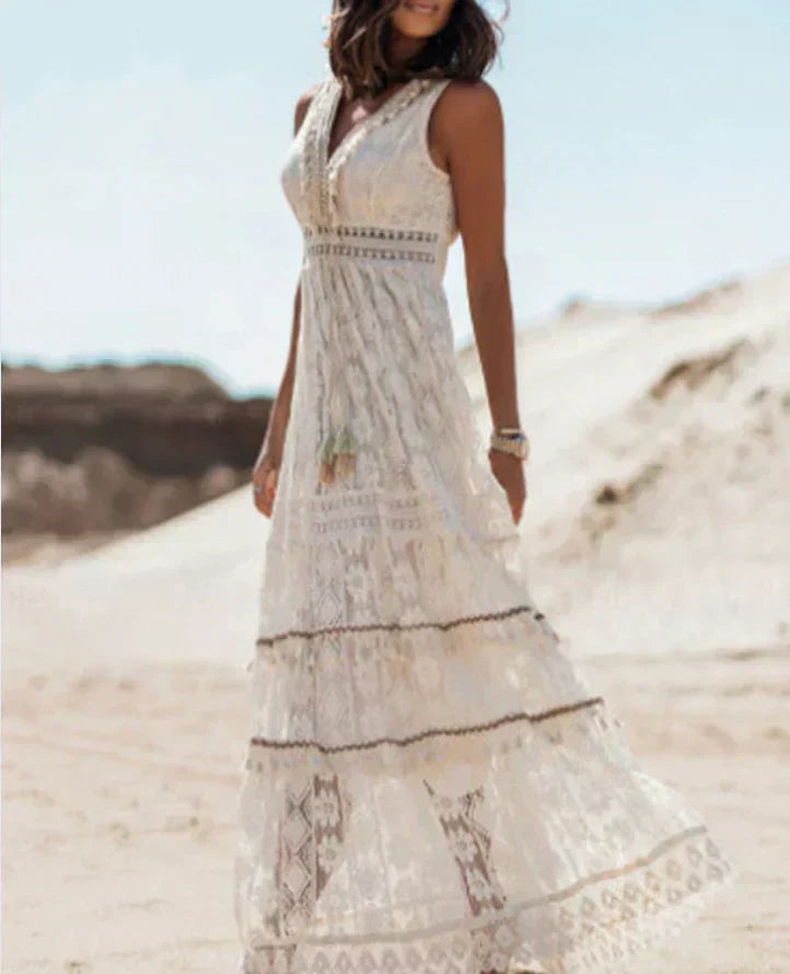 Zomerjurk Dames | Boho Kant & Diepe V-hals met Zijsplit