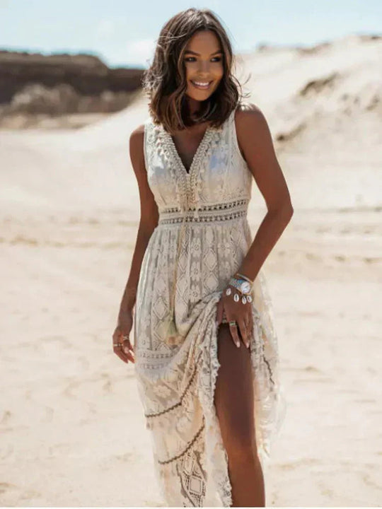 Zomerjurk Dames | Boho Kant & Diepe V-hals met Zijsplit