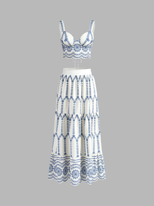 Zomerjurk Dames | Geborduurd Print Set met Crop Top & Maxi Rok