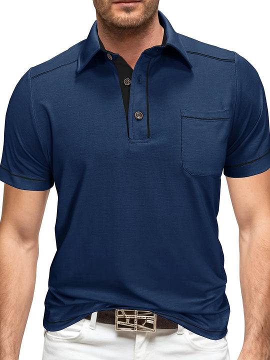 Zomerpolo met korte mouwen voor heren in grote maten, casual effen kleur, kraag, Henley-model met zakken. 0