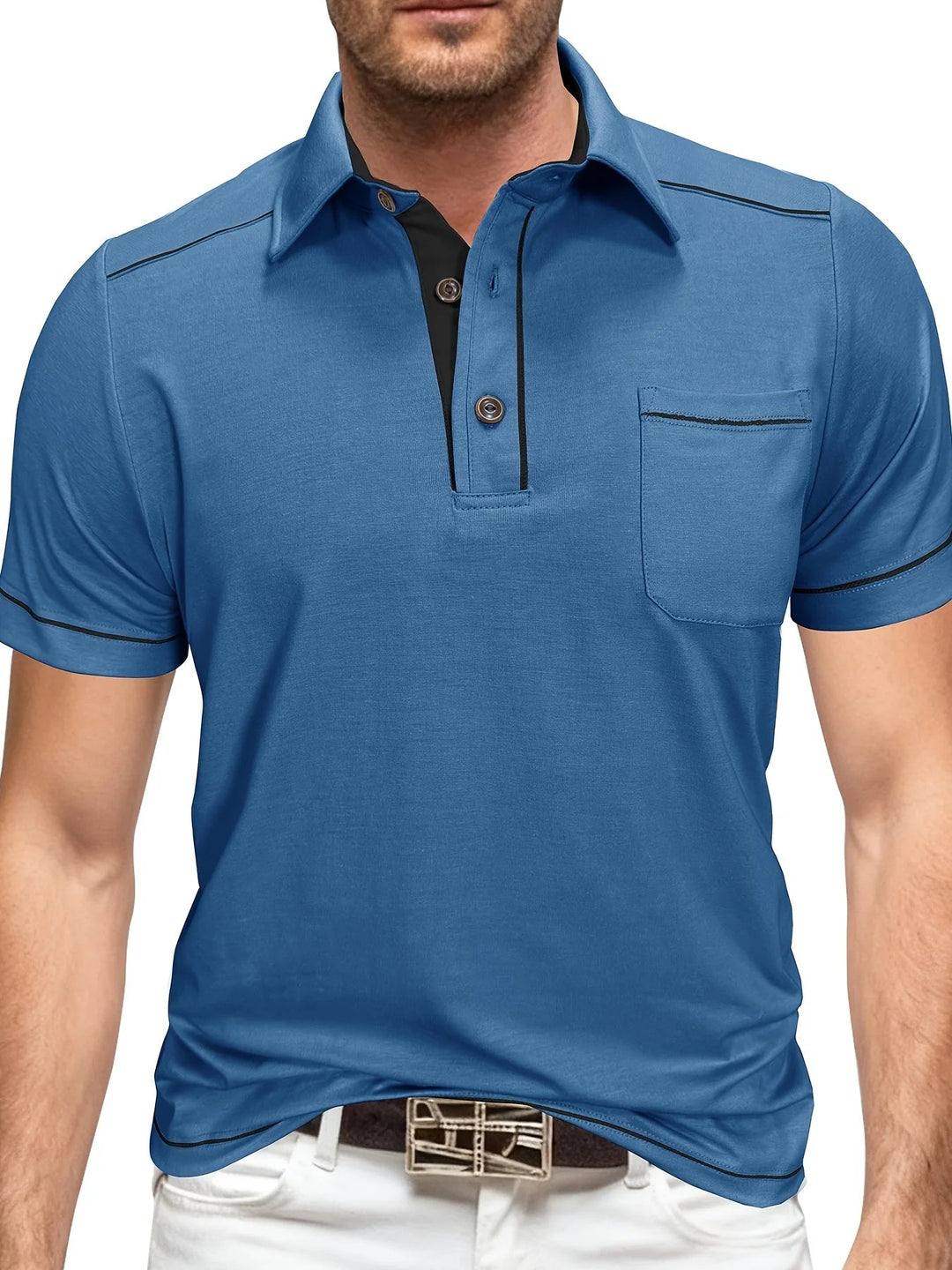 Zomerpolo met korte mouwen voor heren in grote maten, casual effen kleur, kraag, Henley-model met zakken. 1