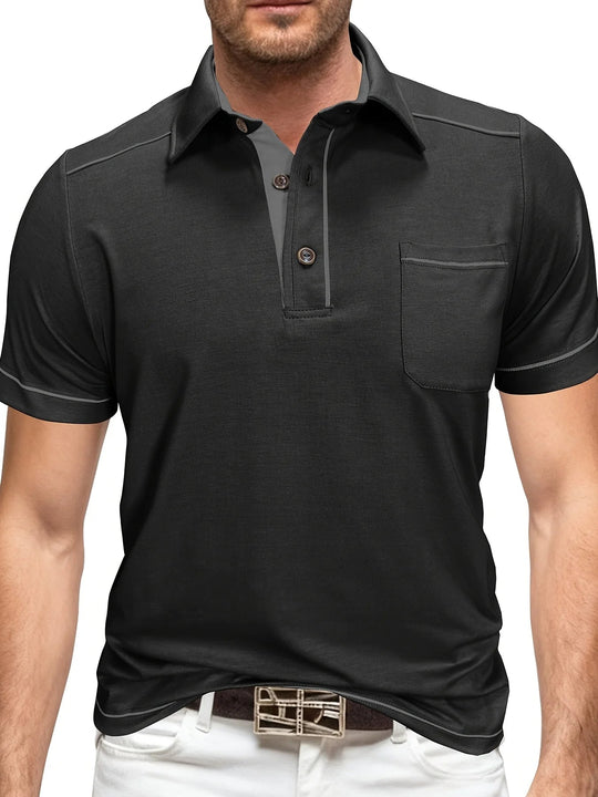 Zomerpolo met korte mouwen voor heren in grote maten, casual effen kleur, kraag, Henley-model met zakken. 3