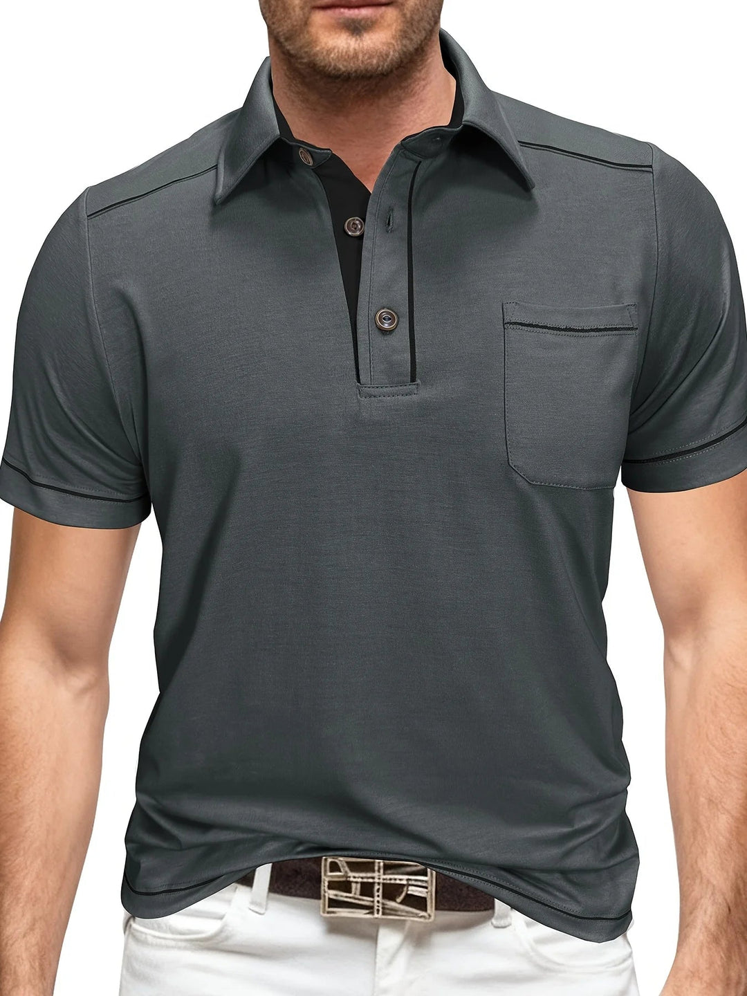 Zomerpolo met korte mouwen voor heren in grote maten, casual effen kleur, kraag, Henley-model met zakken. 4