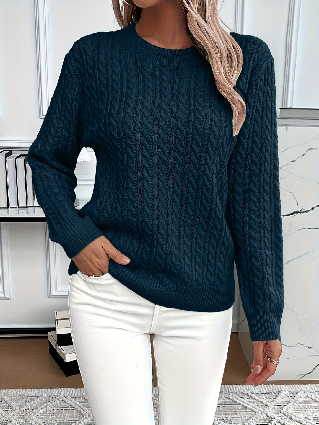 Strickpullover Damen | Rundhalsausschnitt & Zopfmuster