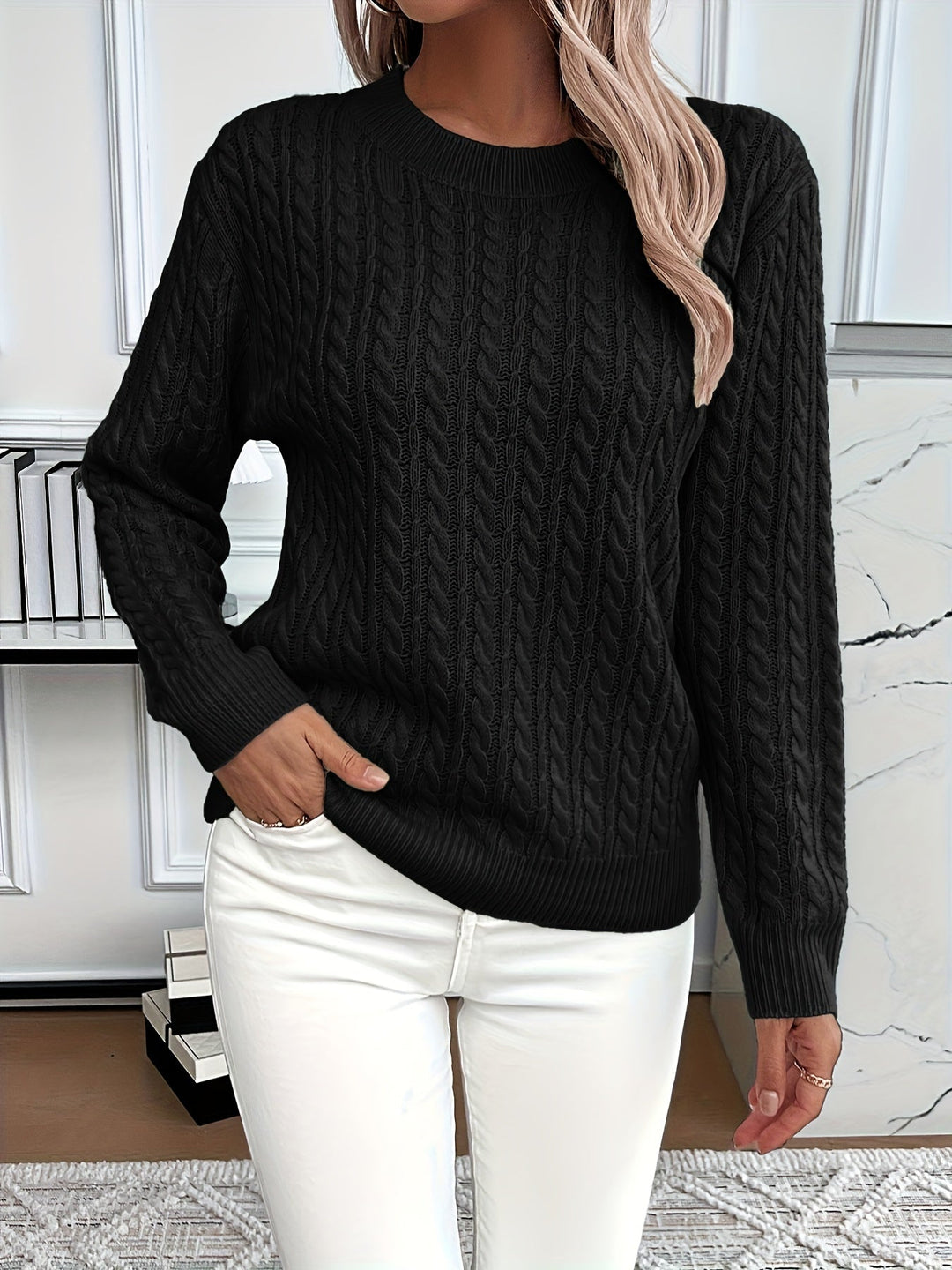 Strickpullover Damen | Rundhalsausschnitt & Zopfmuster
