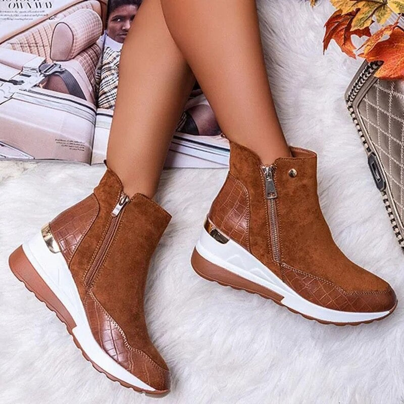 Damen Stiefeletten wasserdicht Keilabsatz mit Doppelreißverschluss