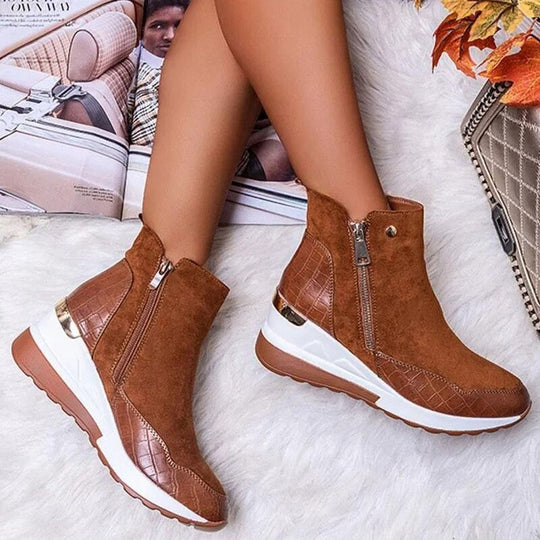 Damen Stiefeletten wasserdicht Keilabsatz mit Doppelreißverschluss