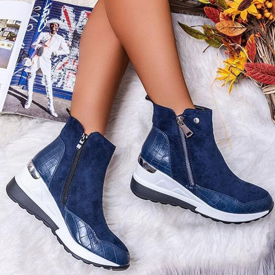 Damen Stiefeletten wasserdicht Keilabsatz mit Doppelreißverschluss