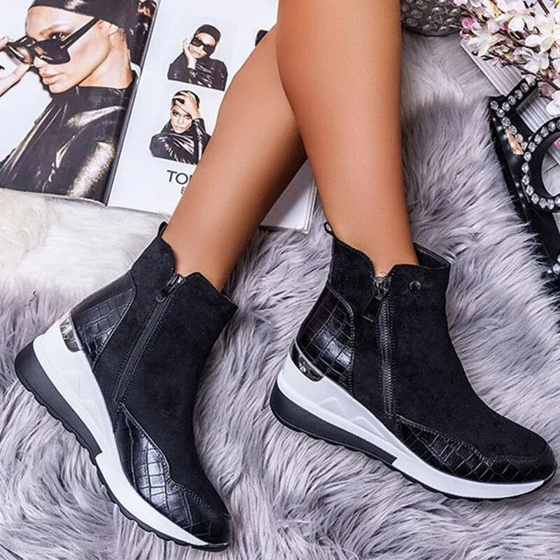Damen Stiefeletten wasserdicht Keilabsatz mit Doppelreißverschluss