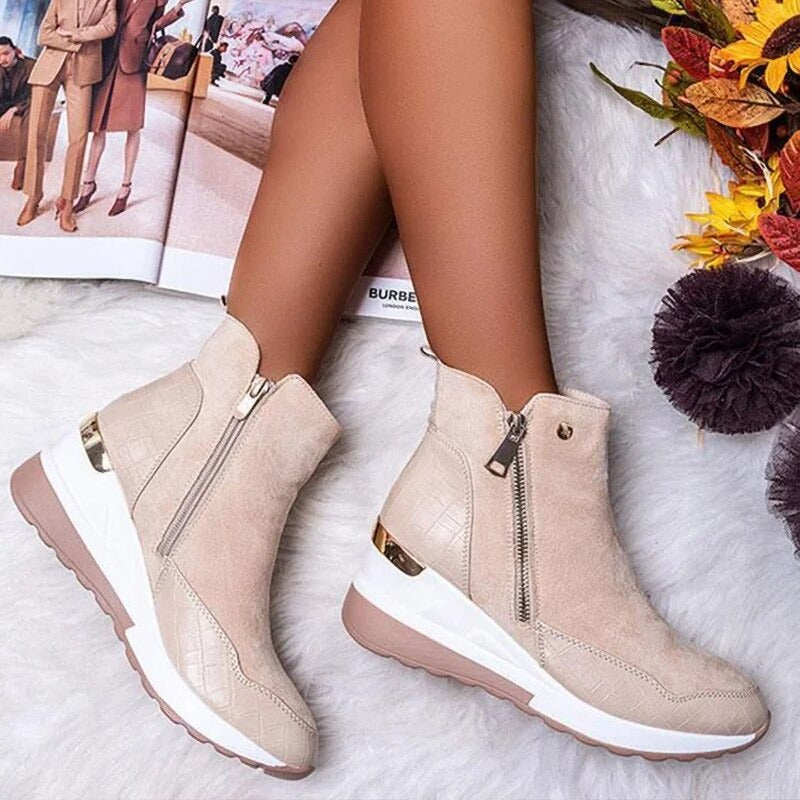 Damen Stiefeletten wasserdicht Keilabsatz mit Doppelreißverschluss