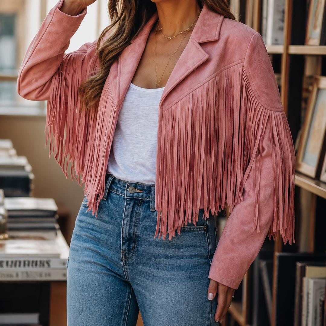 Damen-Fransenjacke im Westernstil mit markanten Fransen und Reverskragen