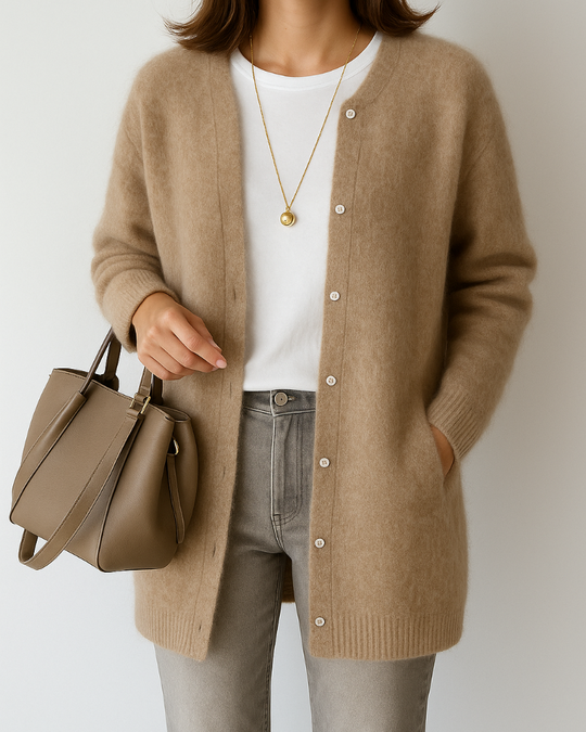 Dames cardigan gebreid in kaki met knopen en ronde hals - Zarandi Amsterdam