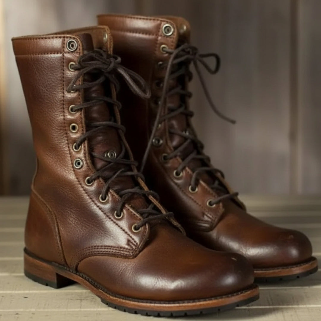 Veterboots dames in leer, klassiek design met gevoerde schacht en vetersluiting