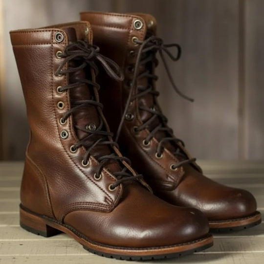 Veterboots dames in leer, klassiek design met gevoerde schacht en vetersluiting