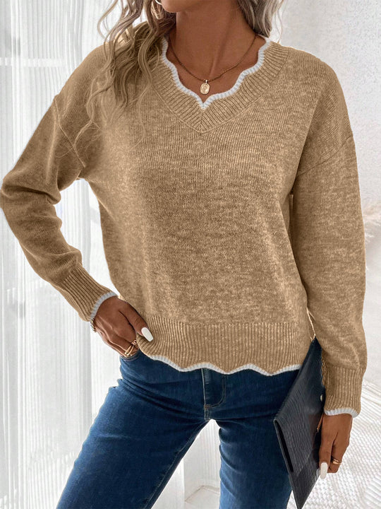 Strickpullover Damen | V-Ausschnitt mit Wellenkante 12