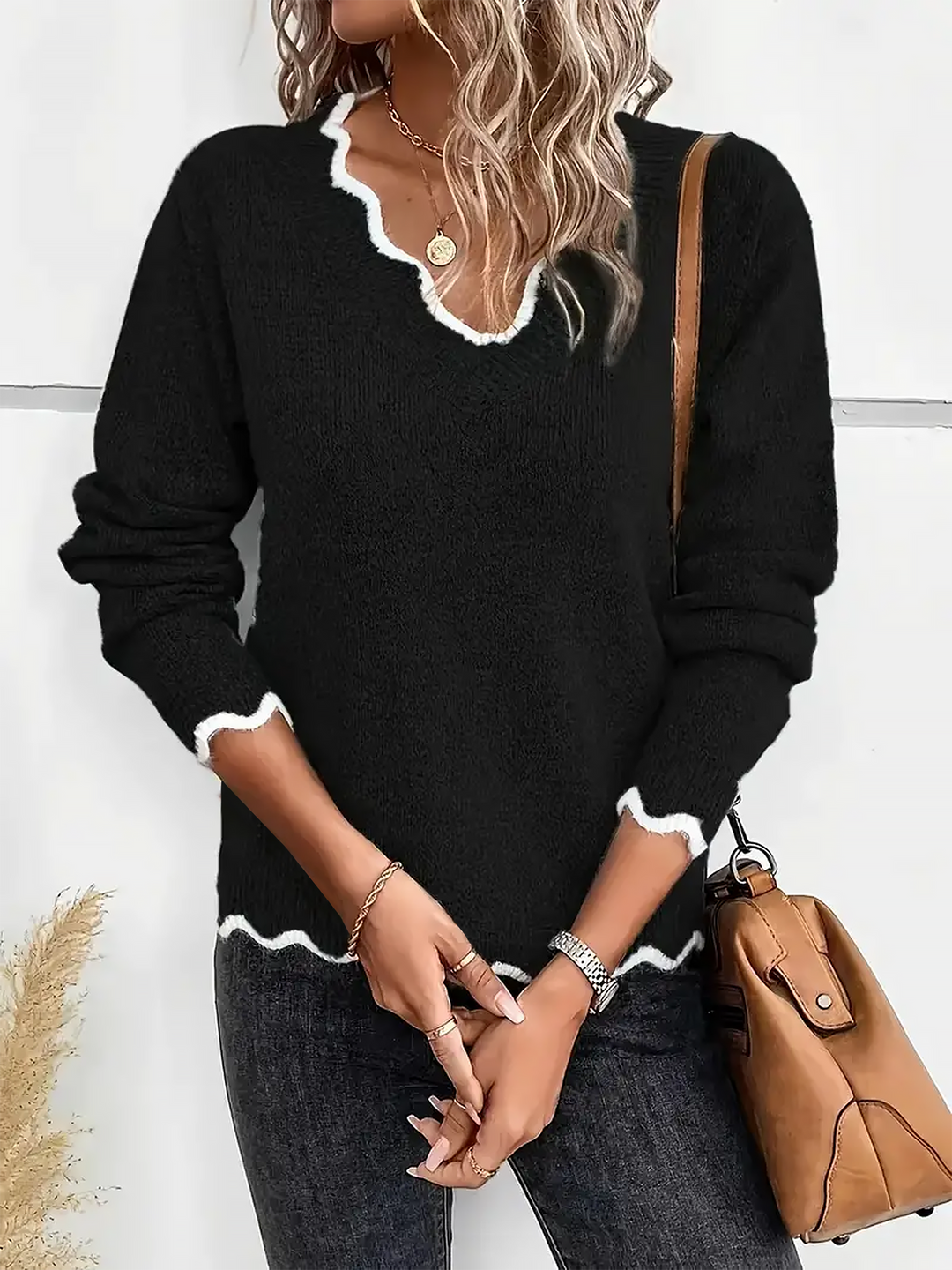 Strickpullover Damen | V-Ausschnitt mit Wellenkante 8