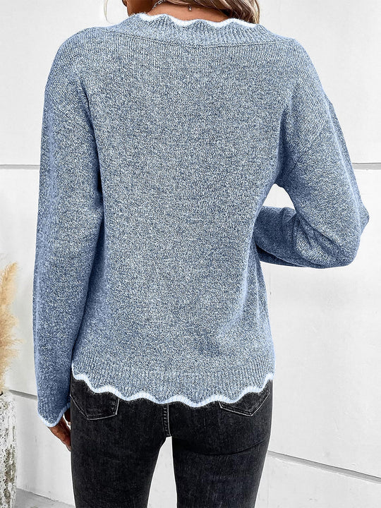 Strickpullover Damen | V-Ausschnitt mit Wellenkante 2