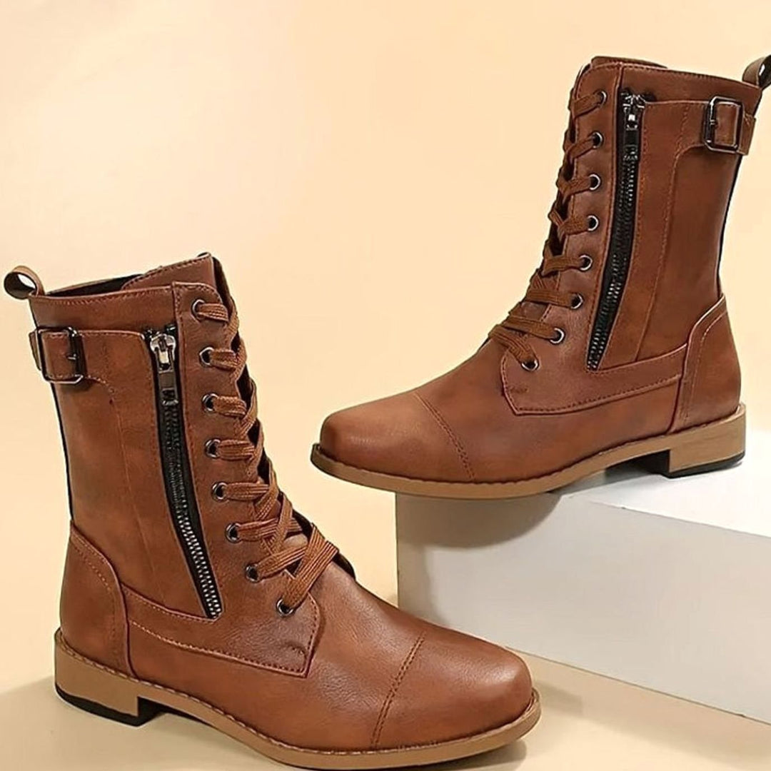 Damen-Schnürboots aus Kunstleder mit Schnürung und Seitenreißverschluss