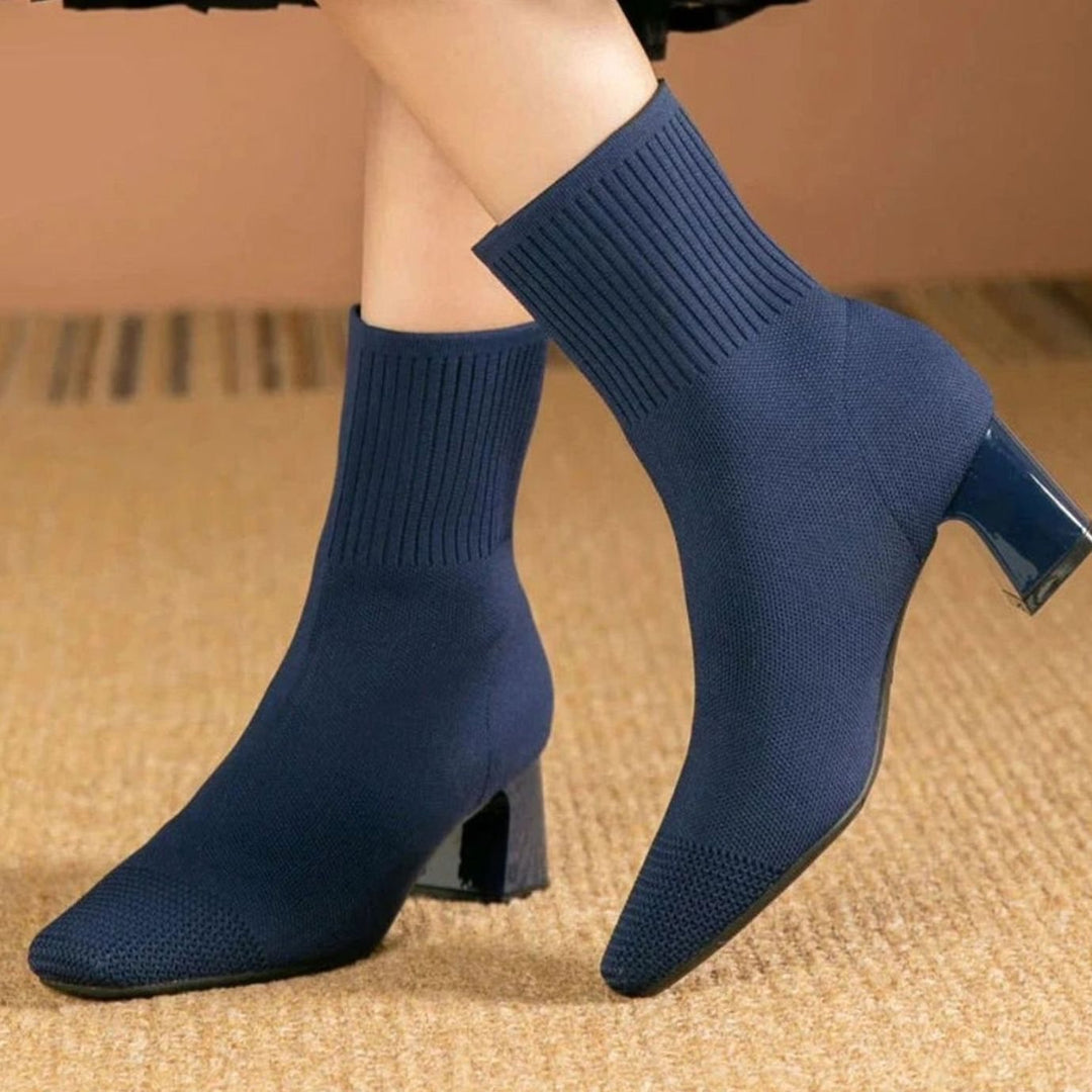 Stiefeletten Damen | Rippstrick mit Blockabsatz