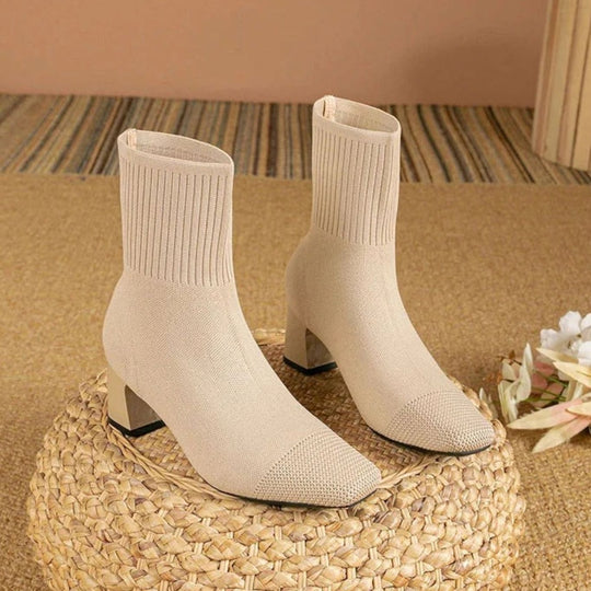 Stiefeletten Damen | Rippstrick mit Blockabsatz
