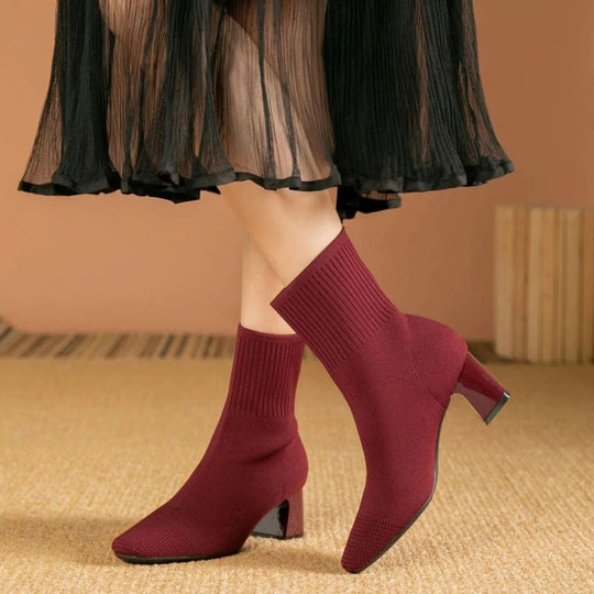 Stiefeletten Damen | Rippstrick mit Blockabsatz