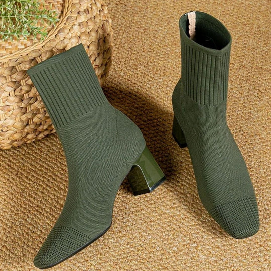 Stiefeletten Damen | Rippstrick mit Blockabsatz